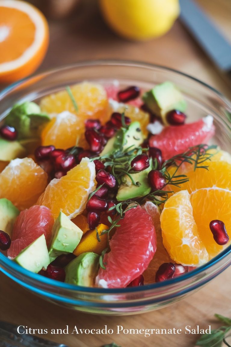 Elevate your dining experience with a salad that is not only visually stunning but also a nutritional powerhouse. Bursting with antioxidants and healthy fats, the Citrus and Avocado Pomegranate Salad is the perfect fusion of taste and wellness, ideal for any season and any occasion.