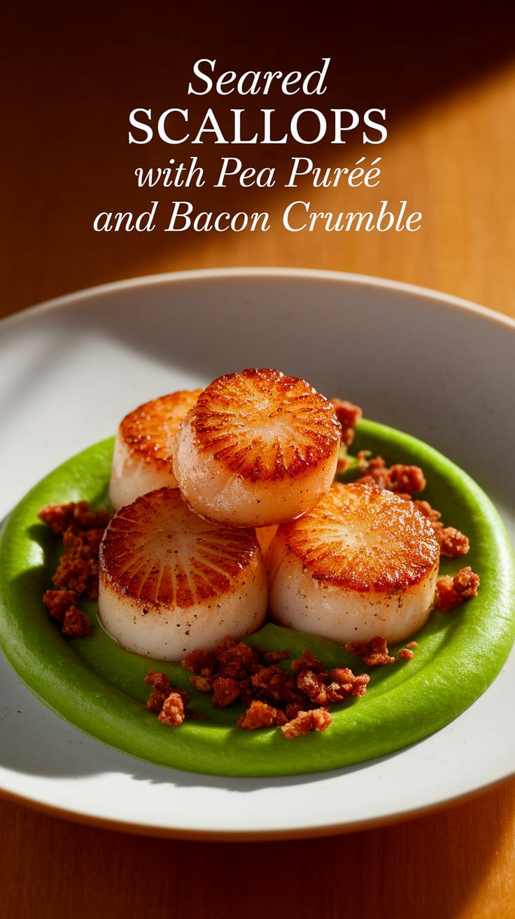 Elevate your dining experience with seared scallops perfectly paired with a vibrant pea purée and a savory bacon crumble. This dish combines luxurious textures and flavors, transforming a simple meal into a gourmet delight that will impress any guest.