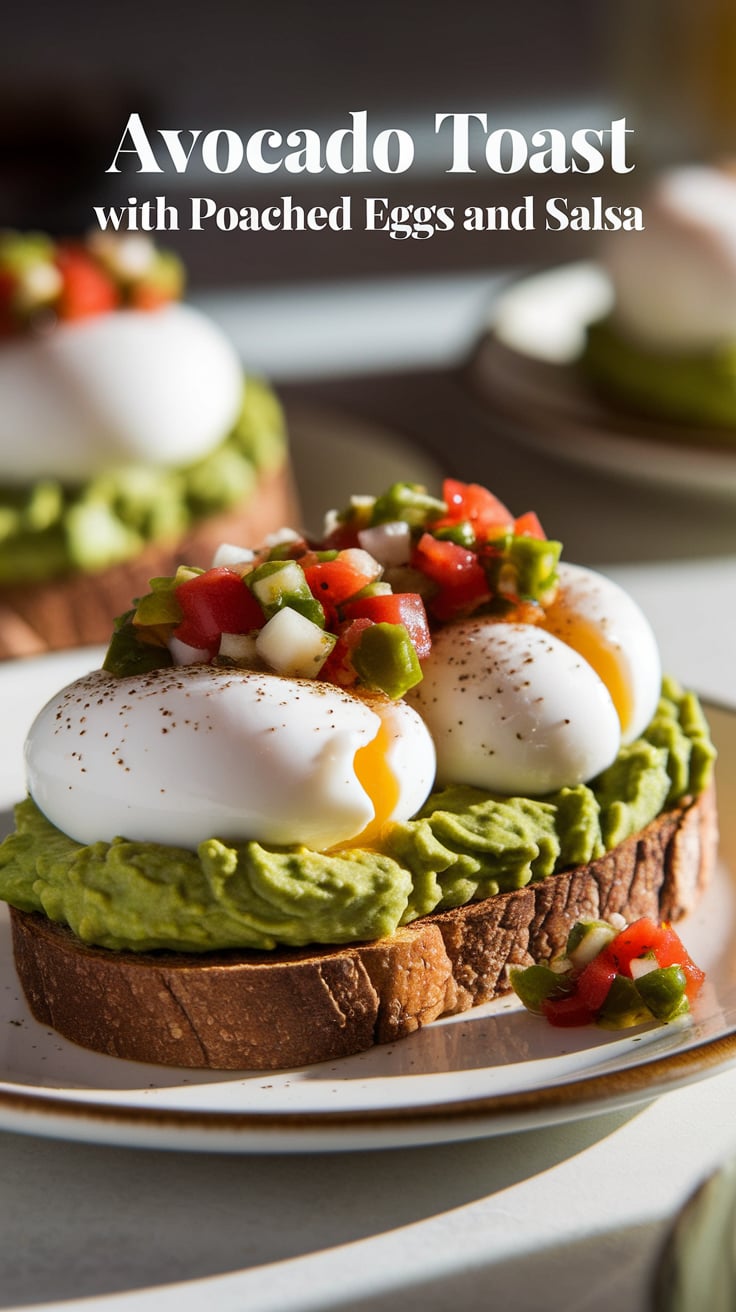 Elevate your breakfast with Avocado Toast topped with perfectly poached eggs and zesty salsa. This vibrant dish is not only visually appealing but also a powerhouse of flavor and nutrition, ideal for starting your day right.