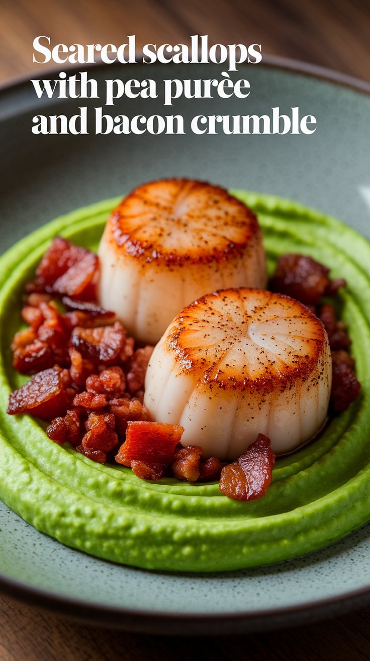 Discover the art of achieving that perfect golden crust on tender scallops, while the creamy pea purée adds a touch of elegance. The balance of sweet peas with perfectly cooked seafood creates a symphony of taste that is both sophisticated and comforting.