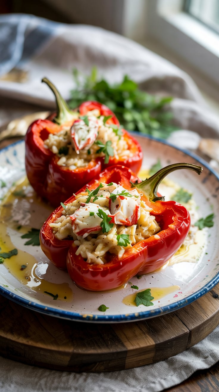 Experience a burst of flavors with stuffed bell peppers filled with a delightful mixture of fresh crab and savory rice. This dish offers a perfect balance of sweetness from the peppers and the rich, oceanic taste of crab, creating a meal that is as beautiful as it is delicious.