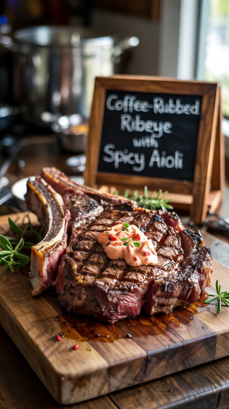 Indulge in the rich and robust flavors of Coffee-Rubbed Ribeye, where a smoky, aromatic crust meets a tender, juicy center. Paired with a zesty spicy aioli, this dish promises to awaken your palate and redefine your steak experience.