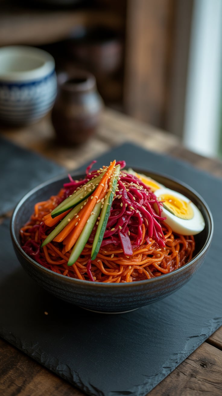 Experience the vibrant fusion of Korean and Japanese flavors with Bibim Guksu, a refreshing bowl of spicy cold noodles. Dive into this delightful dish that combines chewy noodles and a medley of fresh vegetables, creating a perfect harmony of textures and tastes that’s ideal for warm weather.