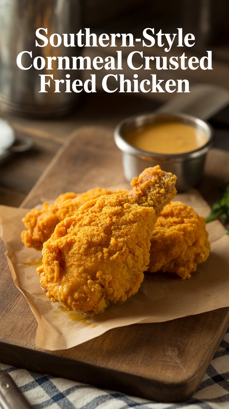 Experience the crunchy, golden perfection of Southern-style cornmeal crusted fried chicken, a dish that embodies comfort and home-cooked goodness. This recipe brings the heart and soul of Southern cuisine right to your kitchen, ensuring every bite is flavorful and satisfying.
