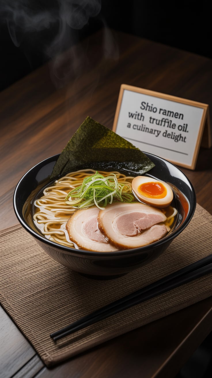 Explore the art of garnishing your Shio Ramen, with toppings ranging from perfectly soft-boiled eggs to vibrant green onions and succulent chashu pork. Each ingredient plays a vital role in delivering a bowl that's visually stunning and a feast for the senses.