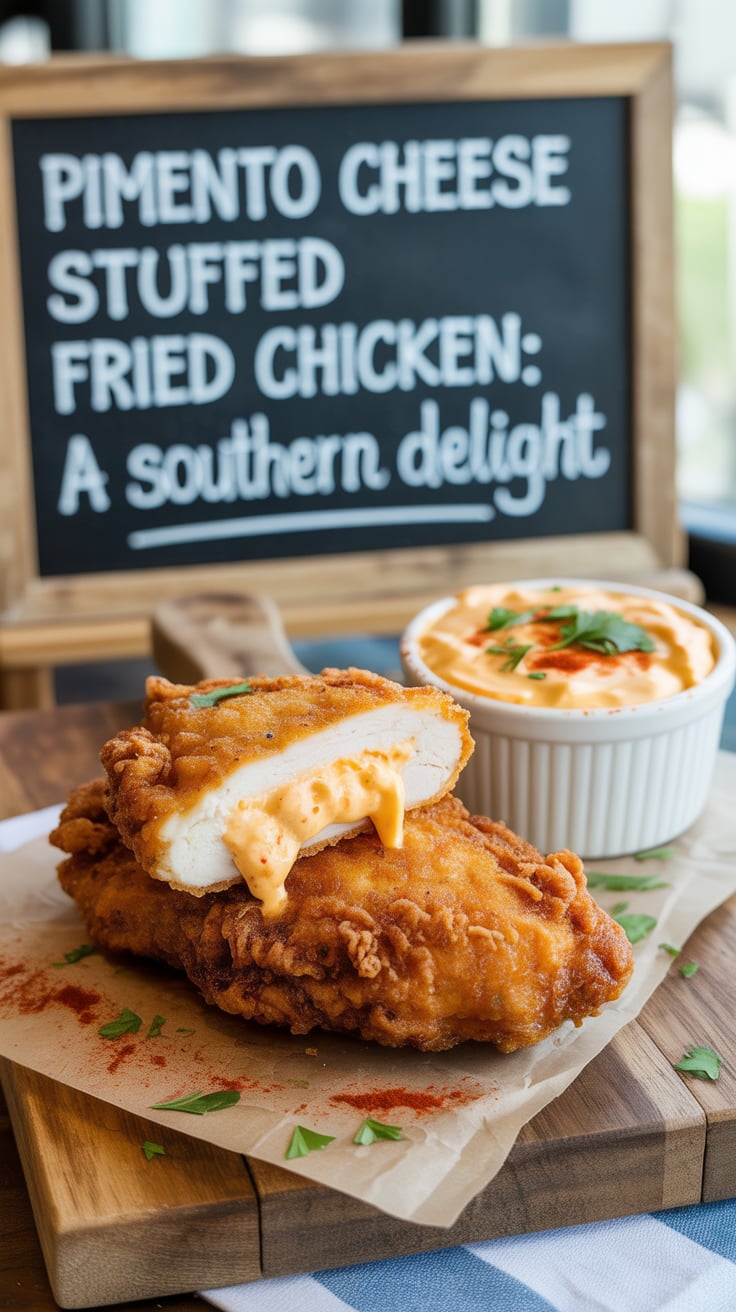 Imagine biting into juicy fried chicken, only to discover a savory surprise of rich pimento cheese nestled inside. The balance of flavors combines the zest of spices with the comforting taste of cheese, creating an unforgettable culinary experience.