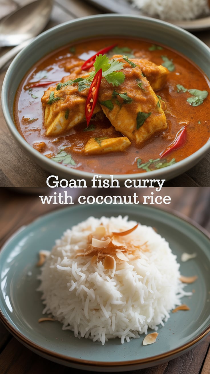 Each bite of this fish curry is a blend of flavors that celebrates the essence of Goan cuisine. The zesty ingredients and aromatic spices meld harmoniously, while the coconut rice provides a perfect, soothing base that complements the curry beautifully, making this a must-try for seafood lovers.