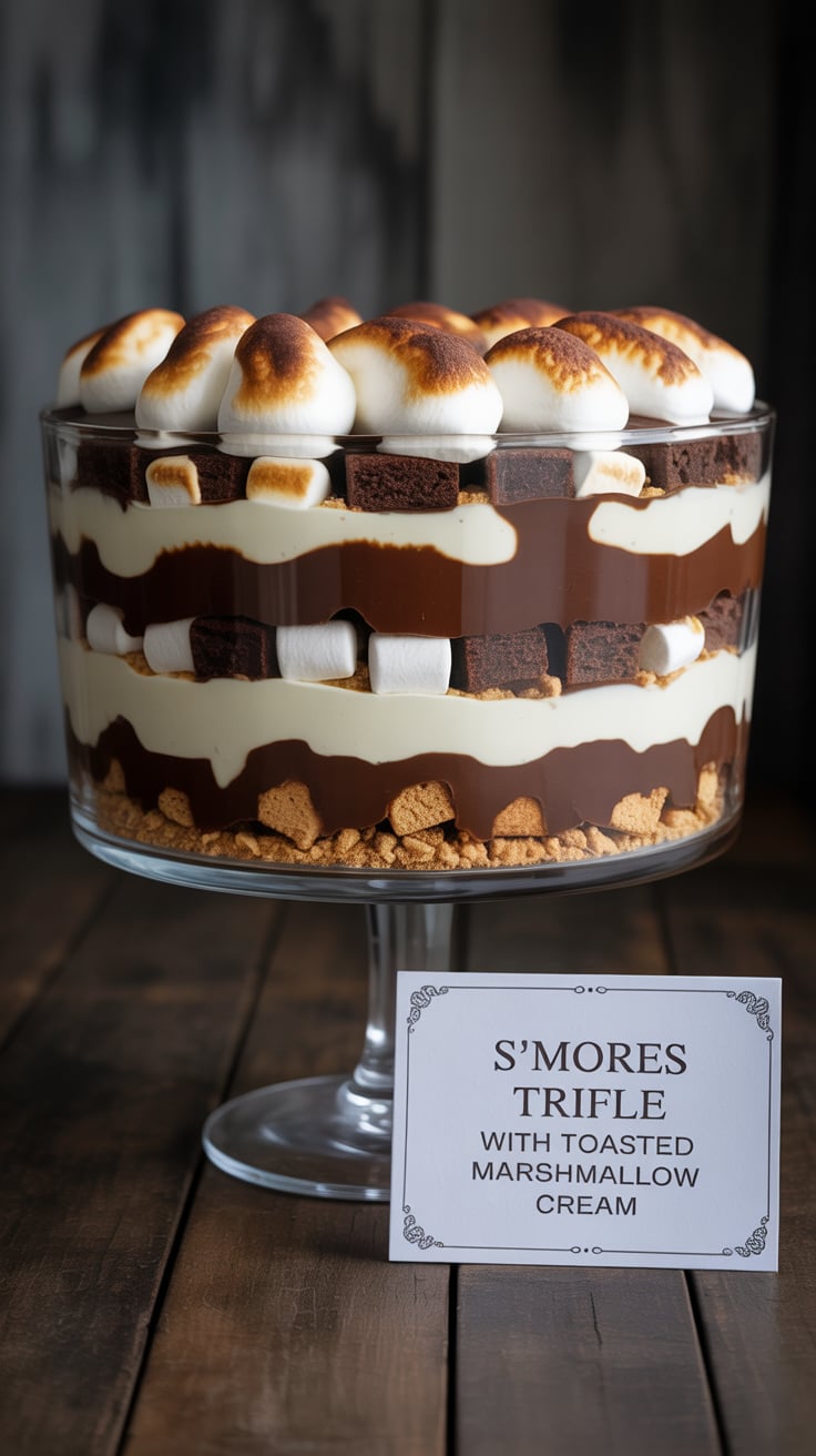 Imagine the delightful combination of textures as you dig into each layer of this trifle. From the crunch of graham crackers to the smoothness of chocolate pudding, every bite is an experience that captures the essence of summer nights spent around the fire, making nostalgia a delicious reality.