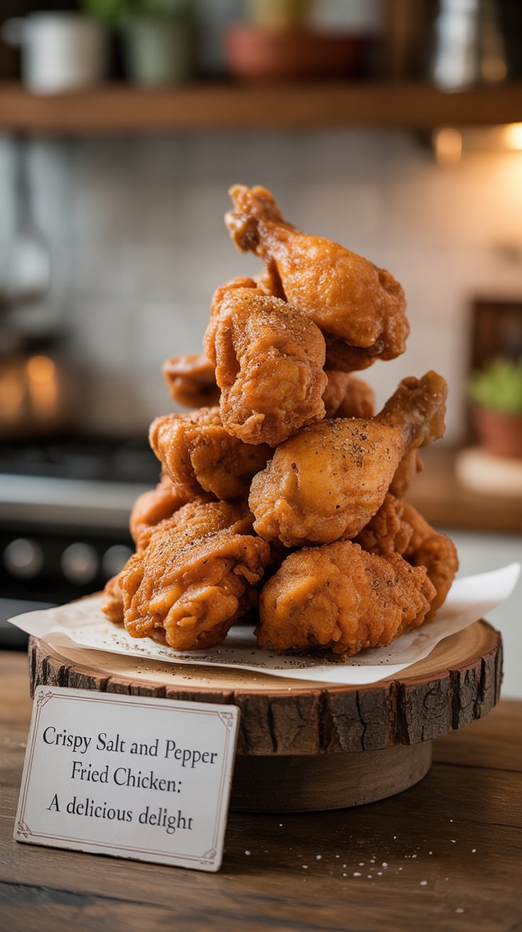Imagine a plate filled with perfectly fried chicken, seasoned just right to highlight the savory essence of every piece. The blend of salt and pepper is a timeless classic that brings out the chicken's natural flavors, making it a favorite for any occasion.