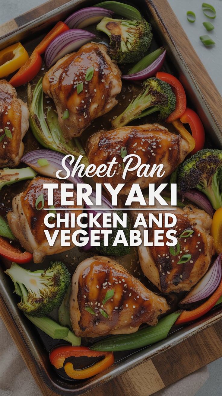 Transform your dinner routine with Sheet Pan Teriyaki Chicken and Vegetables, a flavorful one-pan meal that's as easy to prepare as it is delicious. Succulent chicken thighs marinated in a savory teriyaki glaze are roasted alongside colorful, crisp vegetables for a satisfying and vibrant dish.