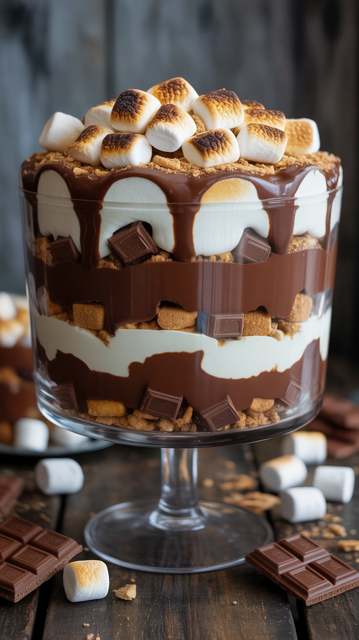 Escape into a world of flavor with a S’mores Trifle that layers rich chocolate, soft cake, and gooey marshmallows, all topped with a heavenly toasted marshmallow cream. This fun and decadent dessert brings the classic campfire treat right to your table, making it a perfect centerpiece for gatherings and celebrations.