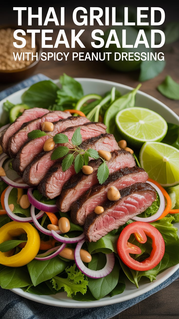Delight your taste buds with a Thai grilled steak salad that showcases the perfect harmony of flavors and textures. The charred, juicy steak pairs beautifully with crisp greens, offering a vibrant and satisfying meal that’s as visually appealing as it is delicious.
