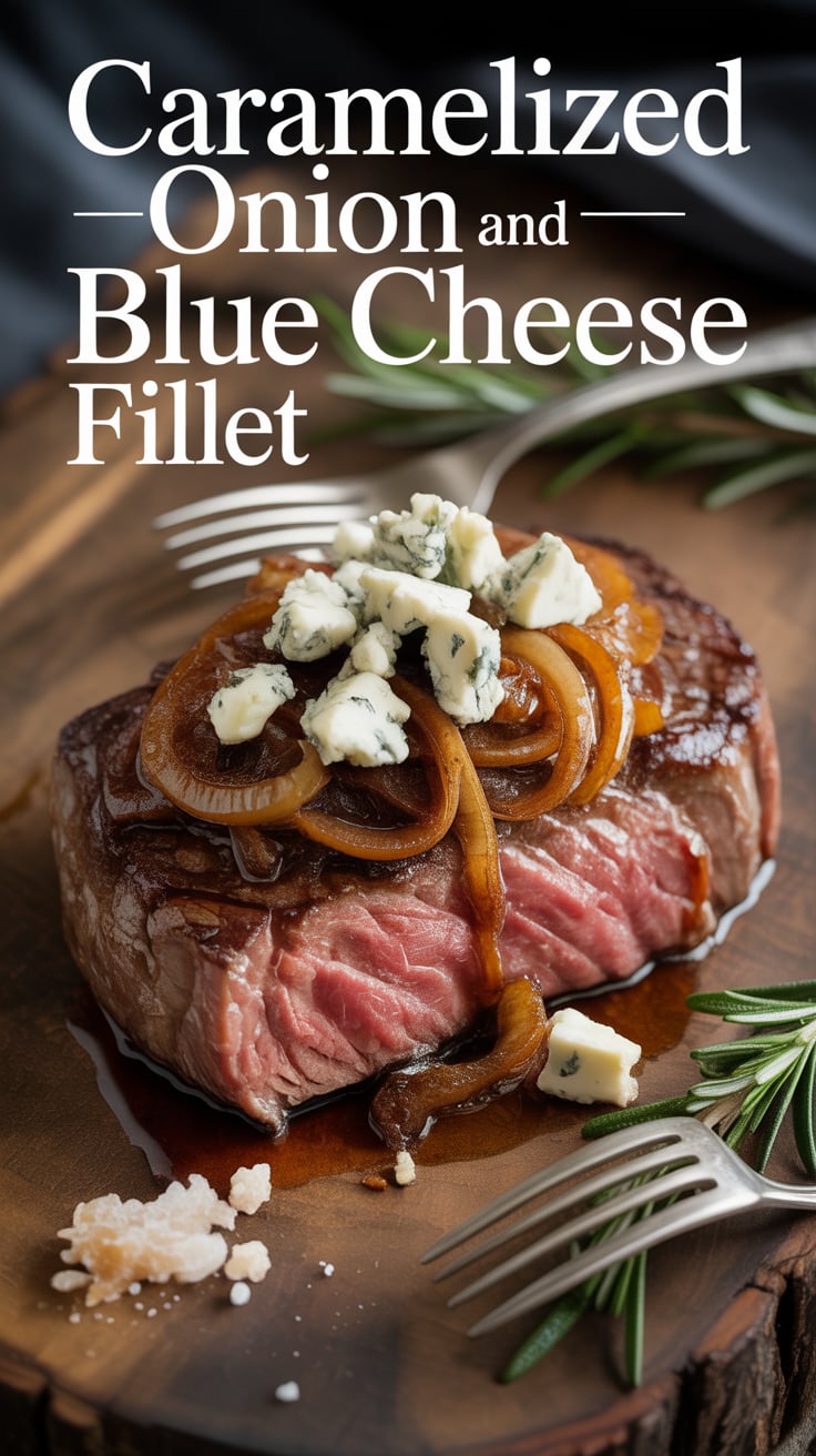 Indulge in a luxurious fillet steak topped with sweet, caramelized onions and tangy blue cheese, creating a decadent combination that tantalizes the palate. This dish elevates a classic cut of meat into a gourmet experience that is sure to impress.