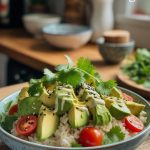 Experience a burst of flavor with an avocado and cilantro rice bowl that’s as nutritious as it is delicious. The lime dressing adds a refreshing kick, making this dish an ideal choice for meal prepping or a quick weeknight indulgence.