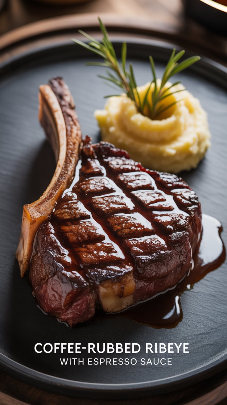 Discover the bold flavors of a perfectly seared ribeye, enhanced by a rich coffee rub that brings out the steak's natural juices. This dish elevates barbecue to an art form, inviting you to explore a harmonious blend of savory and aromatic spices.
