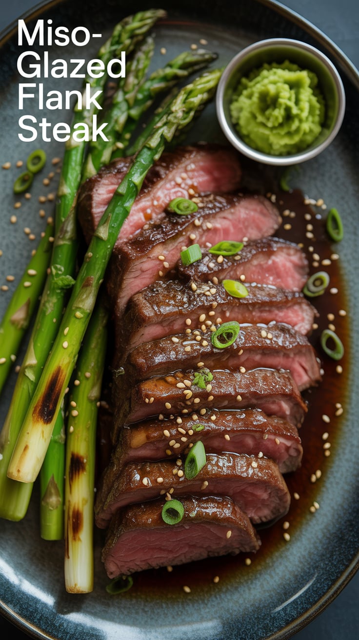 The vibrant grilled asparagus perfectly complements the steak, bringing a fresh, crunchy element to the dish. Its smoky char and slightly sweet flavor profile elevate the entire meal, making it a feast for both the eyes and the palate.