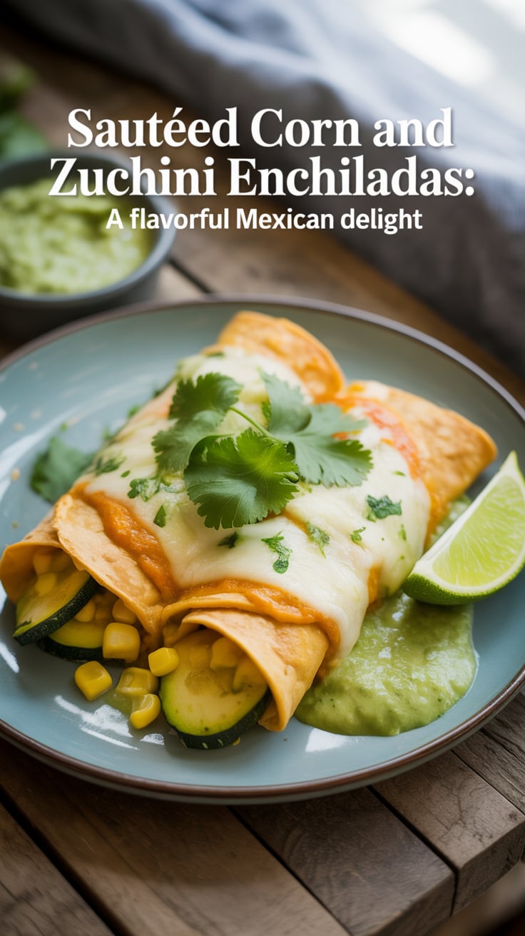 Discover the joy of homemade enchiladas, filled with sautéed corn and zucchini that burst with flavor in every bite. Topped with melted cheese and a drizzle of sauce, this dish is a feast for the senses that will have you going back for seconds.
