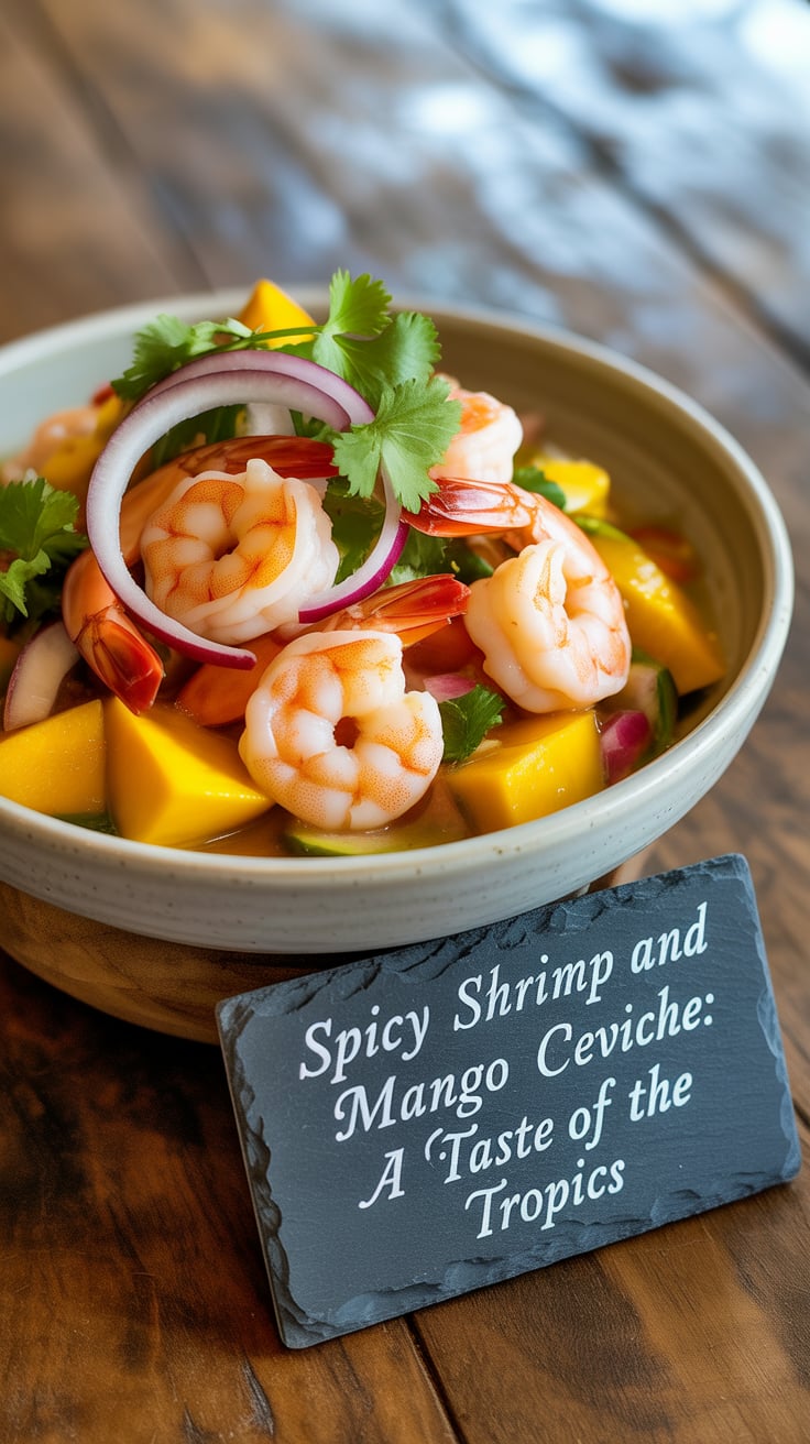 Experience a burst of tropical flavor with this spicy shrimp and mango ceviche, where succulent shrimp meets sweet, juicy mango in every refreshing bite. Perfect as an appetizer or light meal, this dish will transport you straight to a sun-soaked beach.