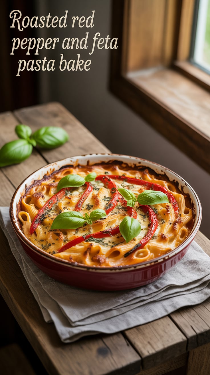 Discover the perfect combination of smoky roasted red peppers and tangy feta in this easy pasta bake. With a bubbly, golden top and a burst of flavor in every bite, this recipe will quickly become a go-to favorite for pasta lovers.
