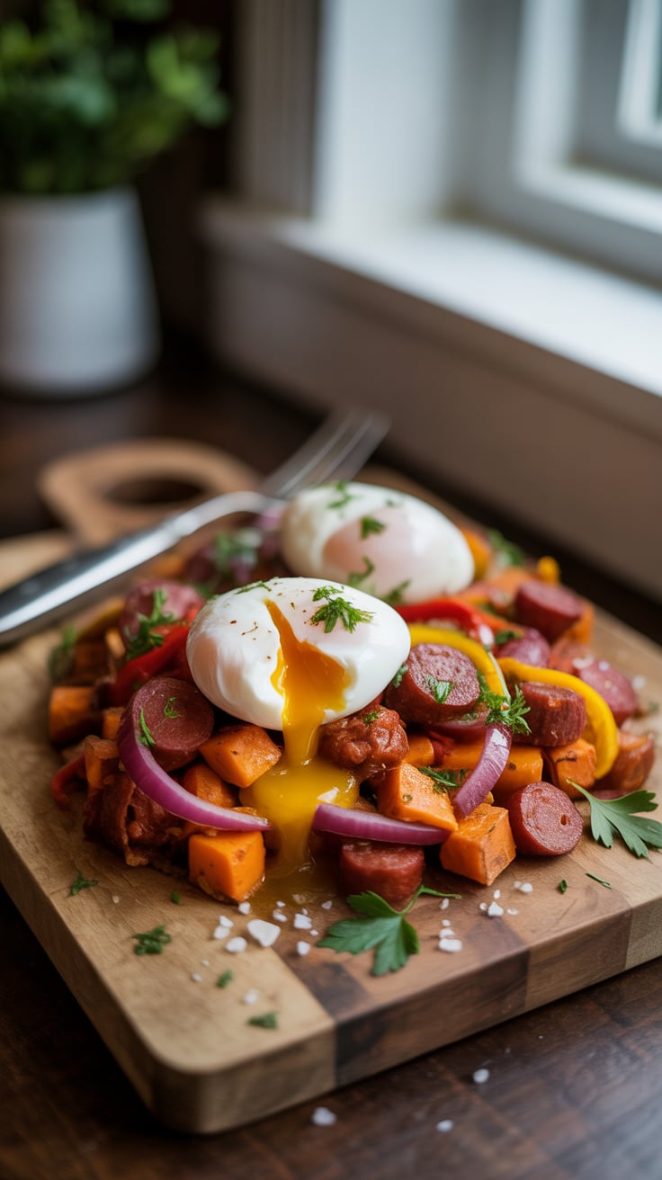 Start your day with a flavor-packed chorizo and sweet potato hash that combines the spicy richness of chorizo with the natural sweetness of roasted sweet potatoes. Topped with perfectly poached eggs, this dish is a hearty breakfast that delights the senses.