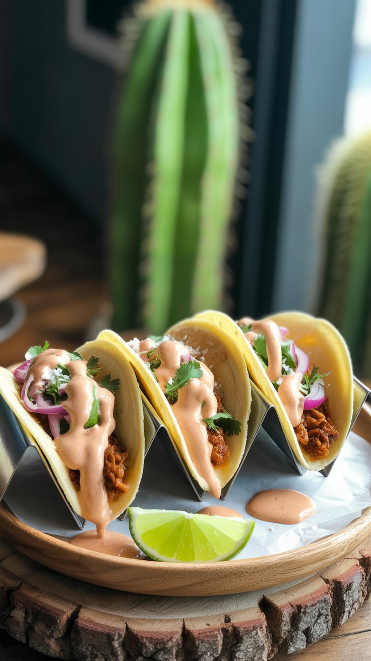 Transform your taco night with a creative twist! Cactus adds a refreshing texture while the chipotle cream brings a rich, spicy depth that will keep everyone coming back for more. Get ready to impress your friends with this unexpected yet delicious recipe.
