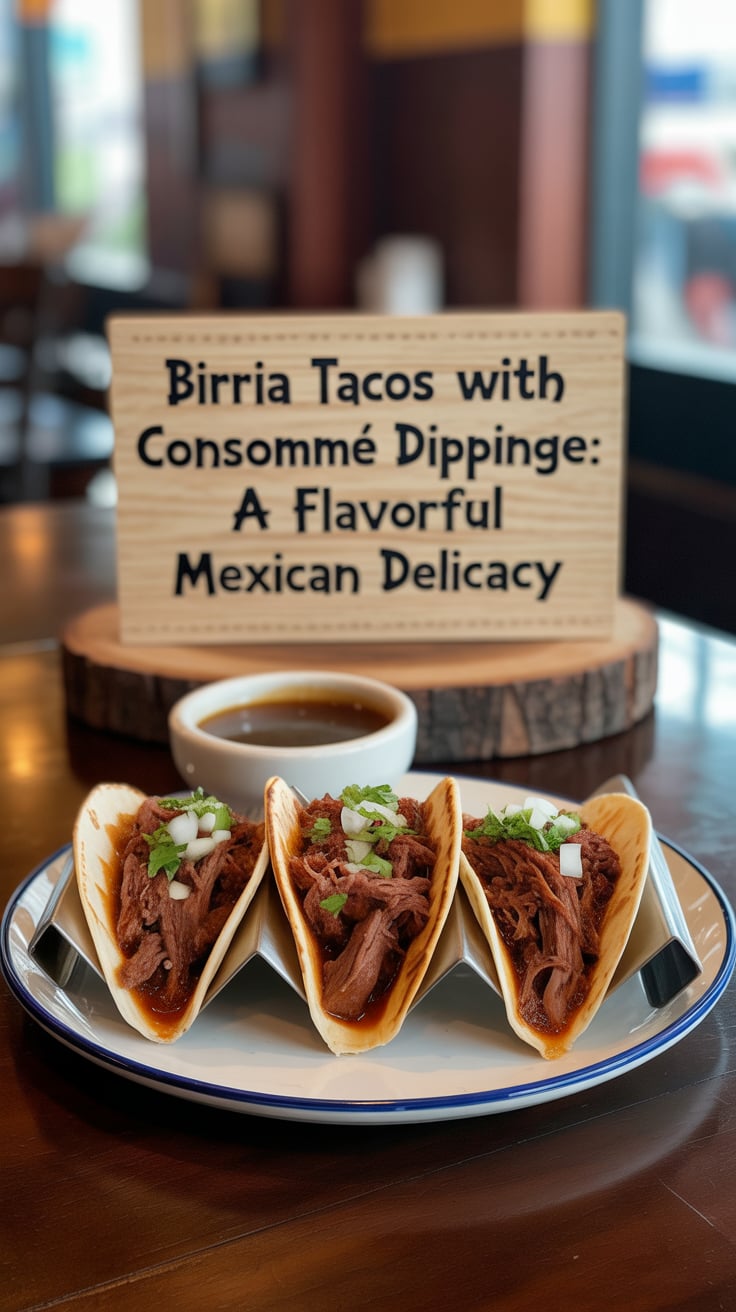 Indulge in the rich, savory world of birria tacos, where tender, slow-cooked meat is encased in crispy tortillas and served alongside a flavorful consommé dipping sauce. This dish promises an explosion of taste that will have you craving more after just one bite.