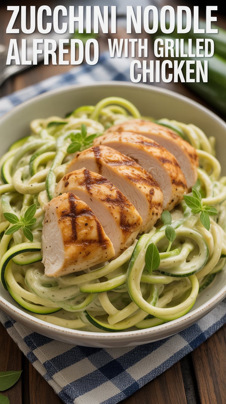 Discover how easy it is to enjoy a classic favorite without the carbs. Zucchini noodles bring a refreshing crunch to the rich and creamy Alfredo sauce, perfectly complemented by tender grilled chicken for a meal that's both nutritious and filling.