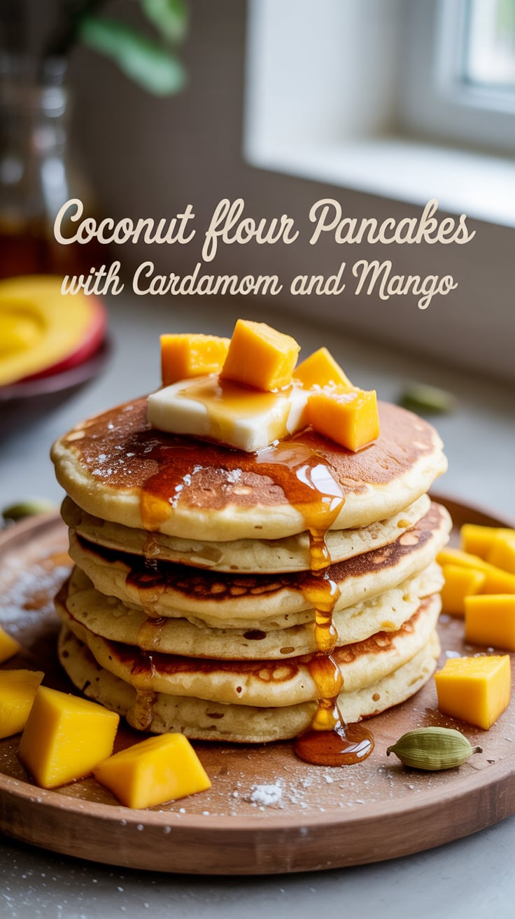 Indulge in a tropical breakfast twist with Coconut Flour Pancakes, delicately infused with aromatic cardamom and topped with luscious mango. Each fluffy pancake is a bite of sunshine that will brighten your morning routine.