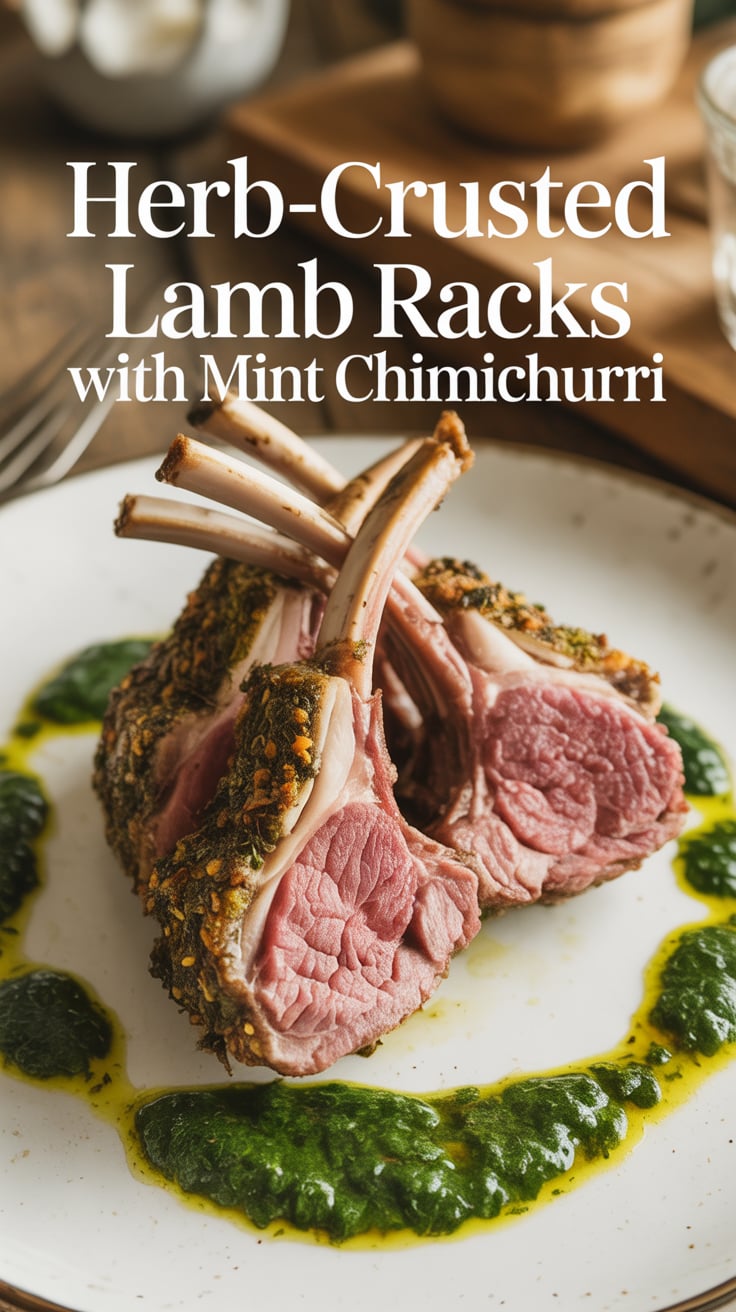 Experience the gourmet delight of Herb-Crusted Lamb Racks, perfectly complemented by a zesty mint chimichurri sauce. This recipe brings bold flavors to the forefront, making it an impressive centerpiece for any special occasion or dinner party.