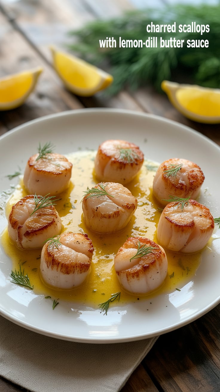 Complementing these delicate scallops is a bright Lemon-Dill Butter Sauce, which adds a refreshing zing and richness to the dish. This vibrant sauce elevates the scallops, making them a standout centerpiece for any meal.