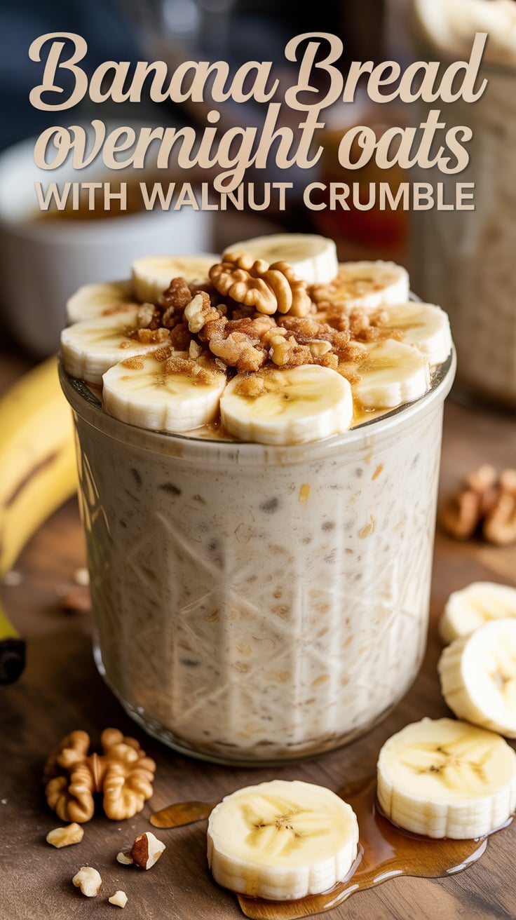Dive into a bowl of decadence that’s good for you—Banana Bread Overnight Oats. Infused with ripe bananas and topped with a crunchy walnut crumble, this dish offers the perfect blend of texture and taste while keeping your mornings hassle-free.