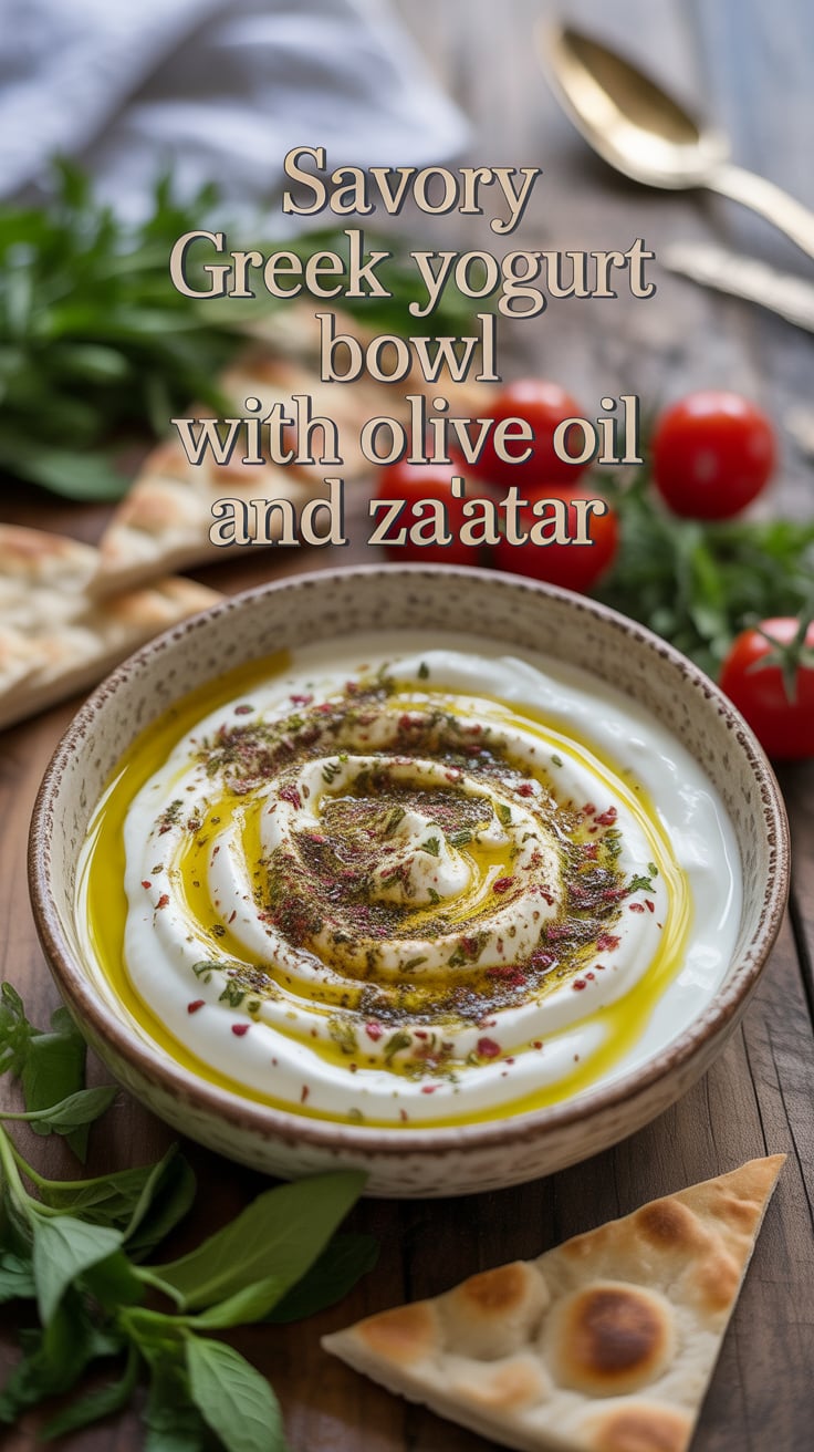 Dive into a world of vibrant flavors with our Savory Greek Yogurt Bowl. Picture thick, creamy yogurt drizzled with rich olive oil, topped with a fragrant blend of za'atar that transports you straight to the Mediterranean.