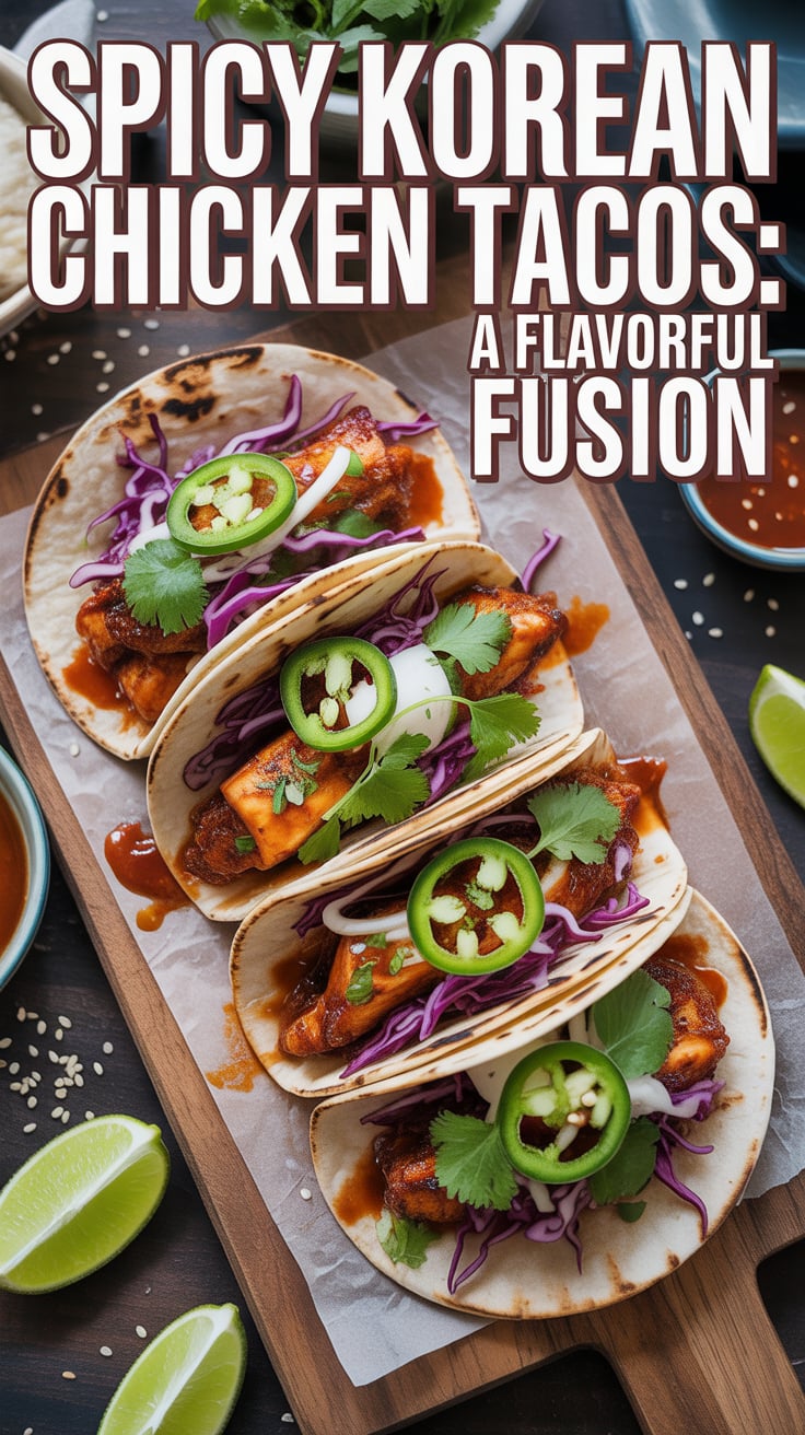 Dive into a whirlwind of flavors with Spicy Korean Chicken Tacos, where tender chicken marinated in gochujang meets crisp vegetables and zesty toppings. This dish is a delicious blend of cultures that will awaken your taste buds and keep you coming back for more.